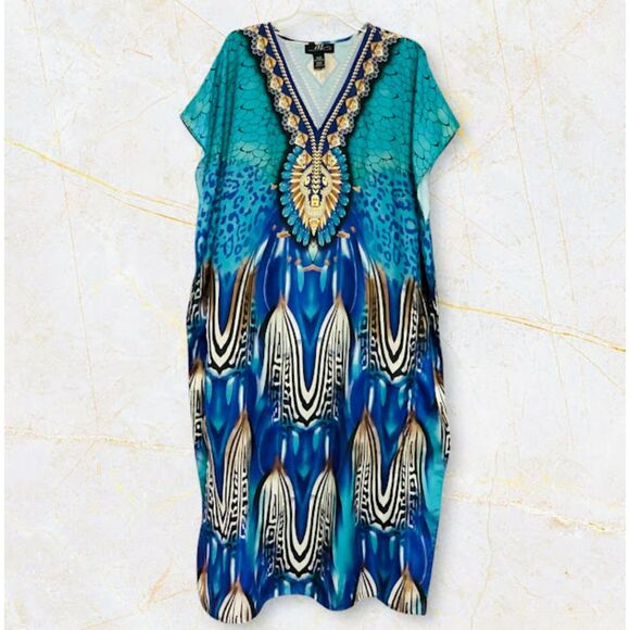 Midnight Velvet Maxi Kaftan Dress in Falling Feathers Blue Multi One Size - Picture 6 of 10